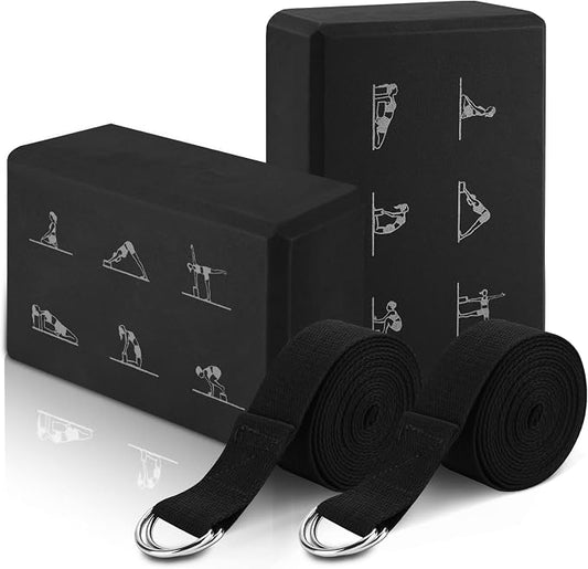 RETON Yoga Blocks Set with Straps, High Density Yoga Bricks, Lightweight EVA Foam Pilates Block, 2 Yoga Blocks with 2 Straps for Yoga, Pilates, Fitness, Stretching and Toning