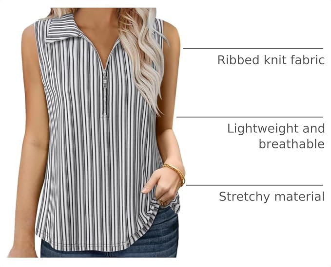 Vivilli Womens Ribbed Tank Top Zipper V Neck Dressy Casual Blouses Sleeveless Camisole Tops Work Tank Polo Shirts