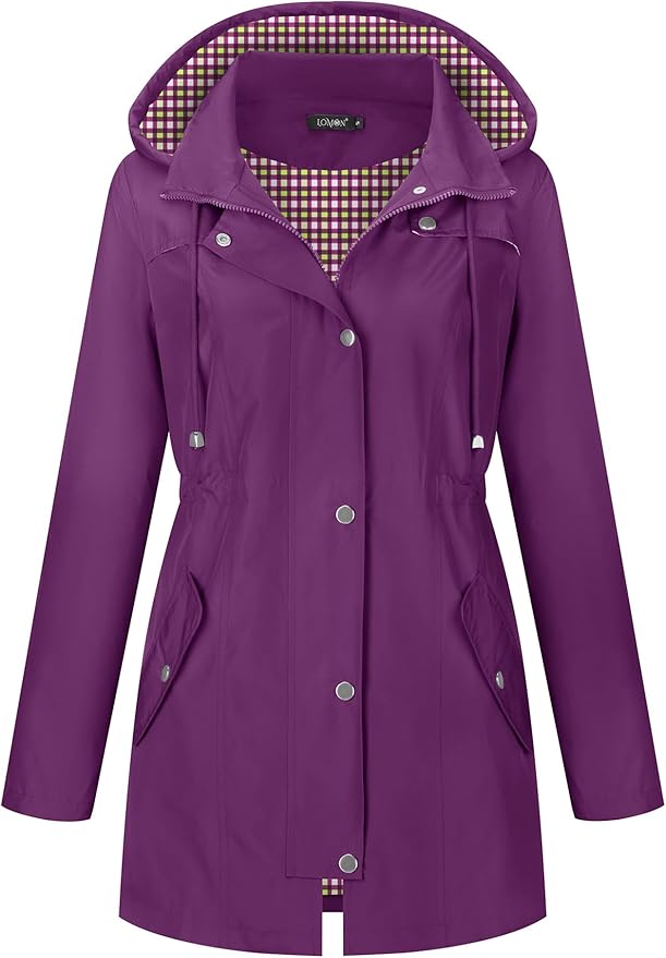 LOMON Women Waterproof Outdoor Hiking Raincoat Women Lined Rain Jacket Lightweight Hooded Jackets Trench Coats