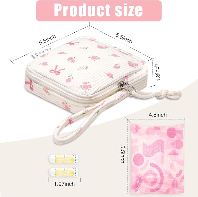 Small Makeup Bag | Discreet Period Bag Pad Pouch for Purse| Sanitary Napkin Storage & Tampon Holder for Travel Wallets and Handbags(Flower bow beige)