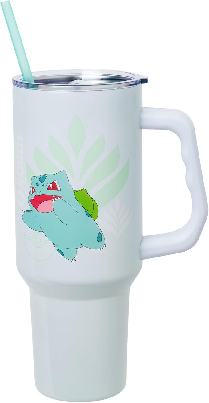 Silver Buffalo Pokémon Stainless Steel Tumbler with Handle Featuring Bulbasaur, Fits in Standard Cup Holder, 40 Ounces