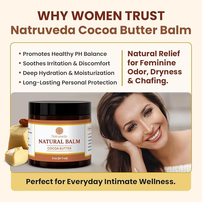 Natruveda Vulva Balm for Women – No added Fragrance, Vaginal Moisturizer Cream, Hormone-Free, Vulva Cream for Dryness and Itching, Feminine Balm, Wet Hydration (3 oz, Cocoa Butter)