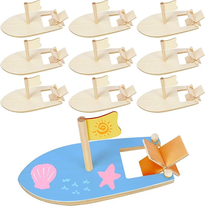 Amersumer 10 Pcs DIY Toy Wood Boat Craft Kits, Mini Wooden Sailboat Kits, Paddle Boats Paint and Decorate for School Projects, Make Your Own Sailboat Craft
