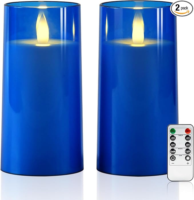 Raycare Flameless Electronic Pillar Candles with Remote Control and Timer- Battery Operated Realistic Flickering LED Fake Candle for Home, Wedding, Valentine's Day Decor,Blue,Set of 2(3"x6"6")