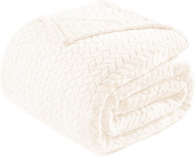 Exclusivo Mezcla Soft Fleece Bed Blanket King Size, 90”x104”, Off White | Cozy Fluffy Lightweight Blankets for Summer, Decorative Plush Flannel Throws for Living room, Bedroom with Leaves Pattern