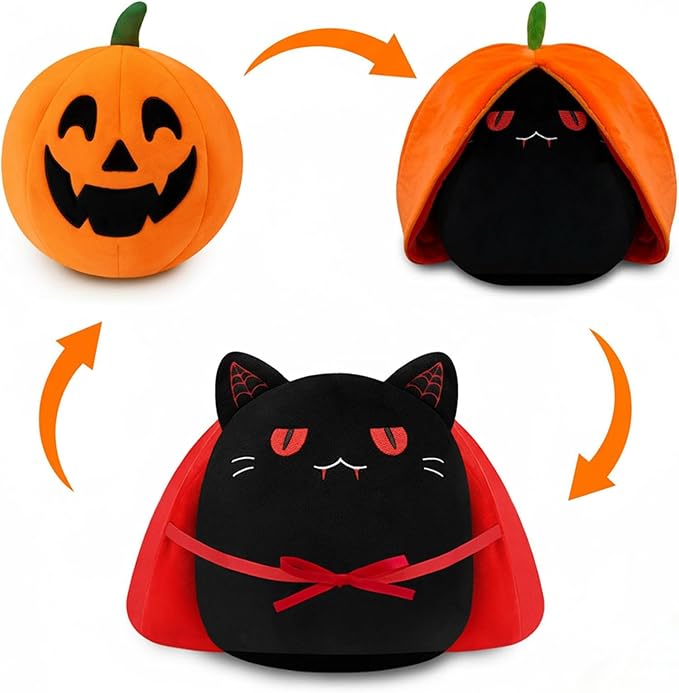 Halloween Pumpkin Plush Toy, Reversible Vampire Black Cat Stuffed Animal with Red Cloak, Cute Halloween Plushies Gift and Party Decoration for Boys Girls 10 Inch