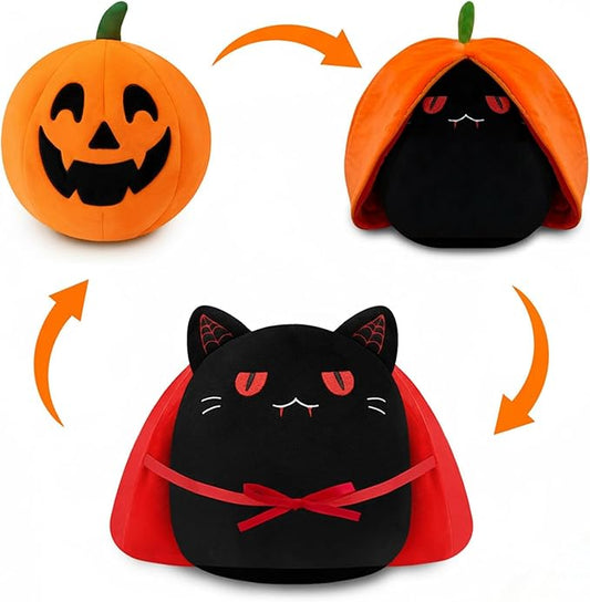 Halloween Pumpkin Plush Toy, Reversible Vampire Black Cat Stuffed Animal with Red Cloak, Cute Halloween Plushies Gift and Party Decoration for Boys Girls 10 Inch