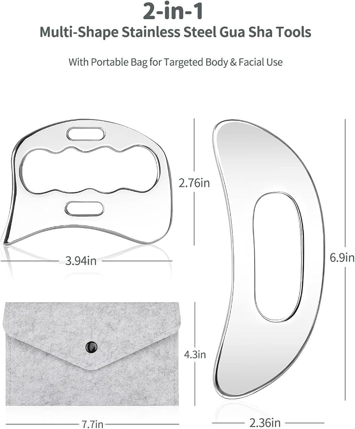 2-in-1 Stainless Steel Gua Sha Massage Tool Set, Muscle Scraper & IASTM Tools for Soft Tissue Mobilization, Myofascial Release, Body Skin Massage, Physical Therapy Sore Muscle Relief with Travel Pouch