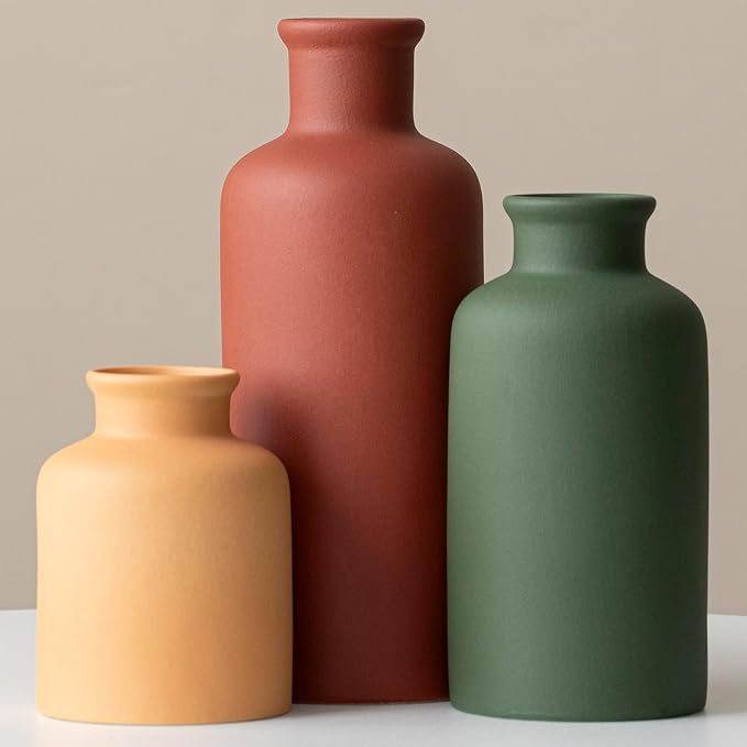 Large Modern Ceramic Vase Set of 3, Neutral Colors, Decorative Bottles for Home, Farmhouse Rustic Decor (XL Green Mix)