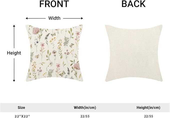 Spring Pillow Covers 22x22 Inch Set of 2, Sage Green Pink Wild Flower Throw Pillows Case,Colorful Seasonal Floral Plant Outdoor Decorative Farmhouse Decor Cushion Covers for Home Sofa Bed Couch