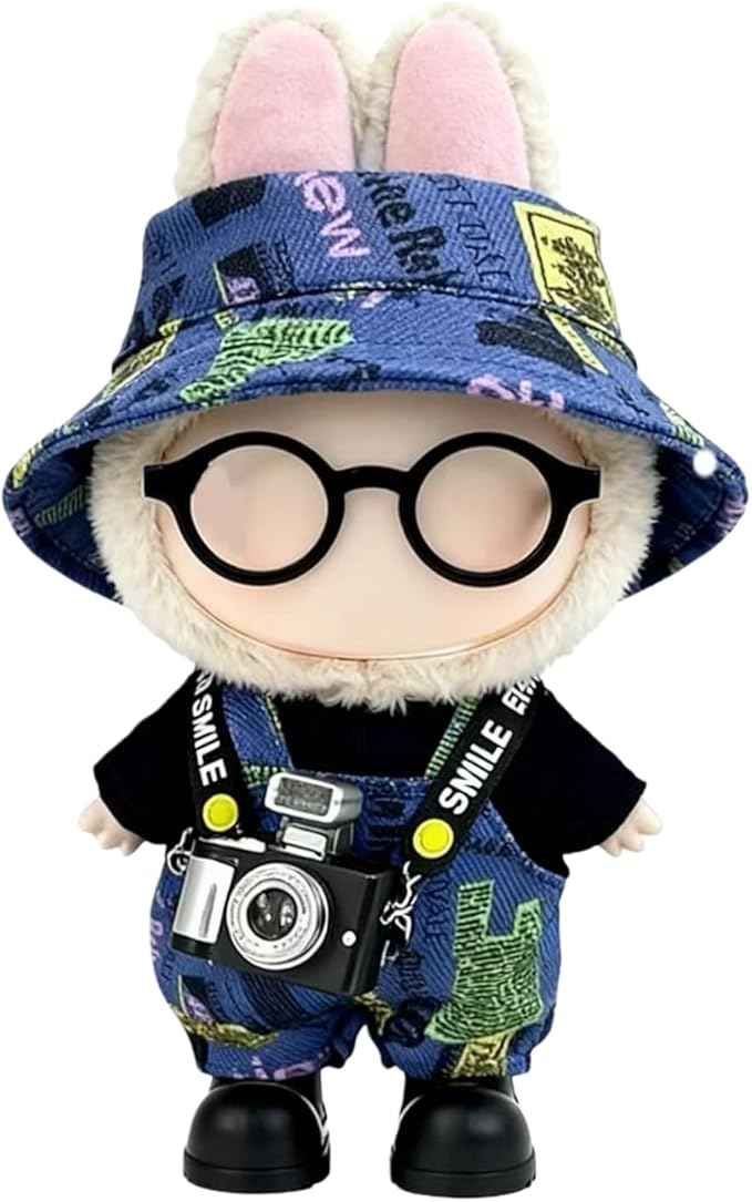 17cm Doll Clothes – 6-Piece Set, Hat + Overalls + Shirt + Camera + Glasses + Shoes, Cute and Premium Dolls Outfit Accessories (Graffiti Blue)