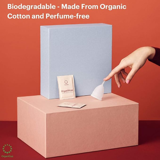 OrganiWipes – Organic Menstrual Cup Wipes 10pcs – Perfume-Free – Vegan - Individually Wrapped – Organic Cotton – Biodegradable - Not Offered in California