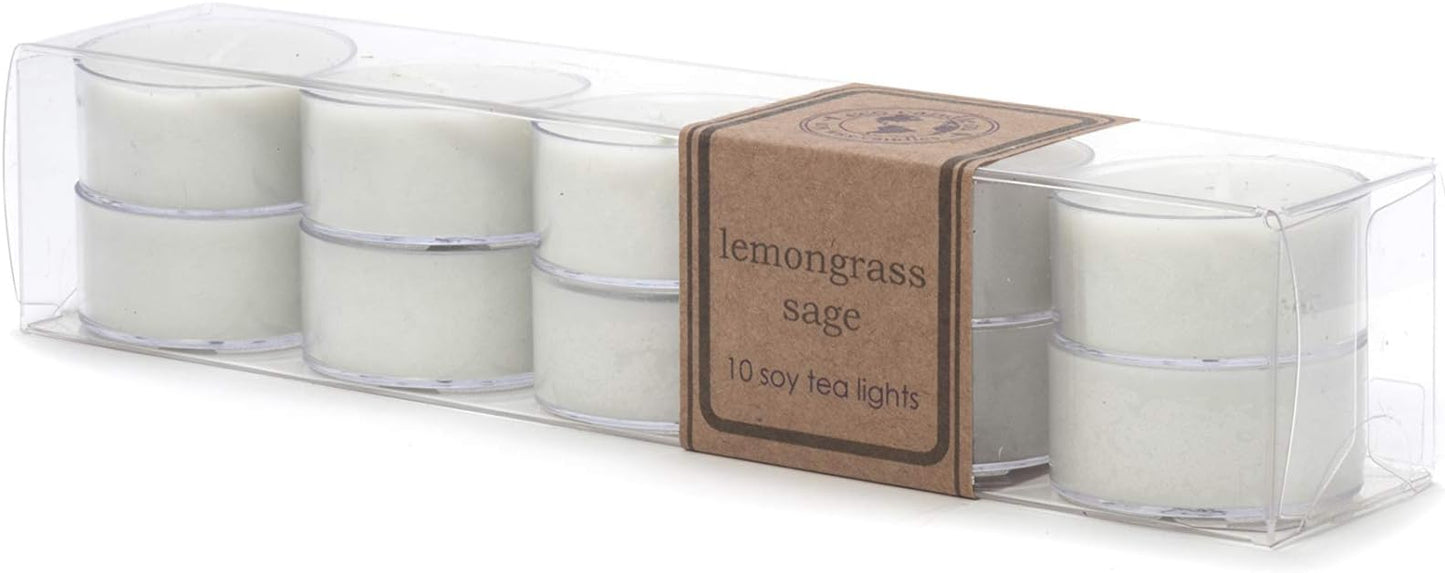 Eco Candle Co. Lemongrass Sage Tea Light Candles, 10-Pack, 9 Hr Burn Time | Scents of Lemongrass & Sage - Recyclable, No Lead, Hand Poured, Made from Midwest Grown Soybeans, .6 oz. Each