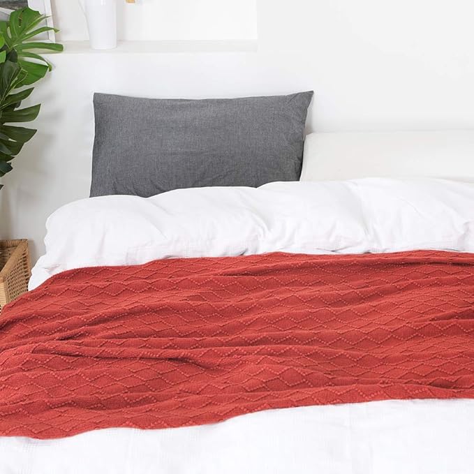 BOURINA Rust Throw Blanket 60x80 Inch Boho Knitted Soft Throw Sofa Blanket | Knitted Throw Blanket 60x80 Inches, Soft Lightweight Boho Weave Throw Decorative Couch Blanket for Living Room Bedroom Chair
