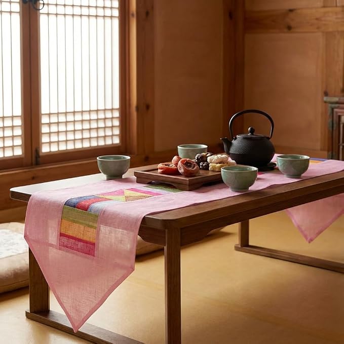 Korean Bojagi Ramie Table Runner 79", Patchwork Dining Decor, Pastel Pink | Bring the timeless beauty of Korean Bojagi patchwork into your home.