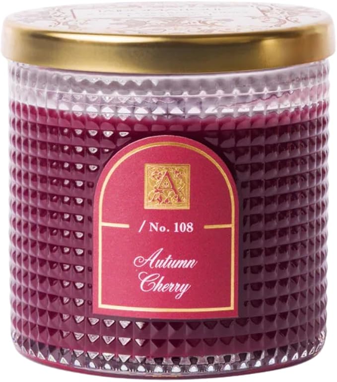 Aromatique Autumn Cherry Textured Glass Jar Candle Aromatherapy Home Fragrance Decor Long Lasting 40 Hr Burn Notes of Cherry, Apple, Cinnamon, Vanilla, Musk, Amber Luxury Office Home Gifts 6oz