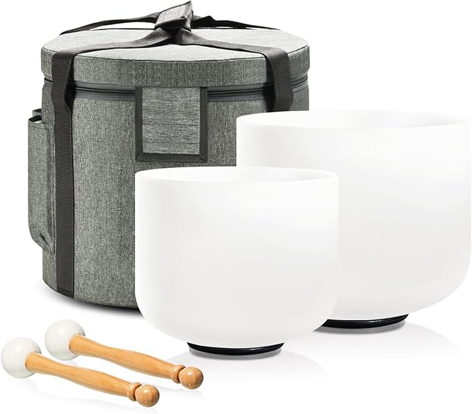 Couple of 2 PCS Crystal Singing Bowl Set, 8" F note Heart Chakra and 10" C note Root Chakra, Sound Bowl Meditation Set for Healing with Carry Case Bag.