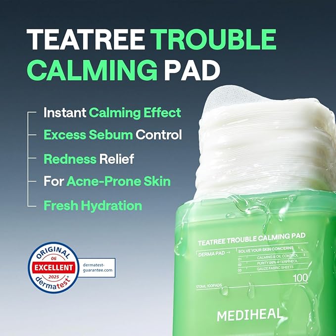 MEDIHEAL Toner Pads 100 Count - Teatree Trouble Calming - Contains Purity 99% Teatree (4-Terpineol) - For Sensitive & Acne Prone Skin - Vegan Hypoallergenic Face Gauze, Korean Skin Care