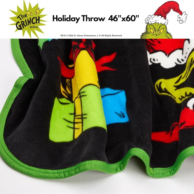 Collectibles Dr. Seuss The Grinch Holiday Christmas Bedding Super Plush Cozy Throw, 46 in x 60 in, (Officially Licensed Product) by Franco