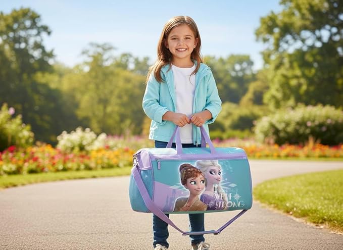 Disney Frozen Girls’ Duffle Bag – Elsa & Anna Travel Gym Bag with Adjustable Strap, Mesh Side Pockets & Zipper Pocket