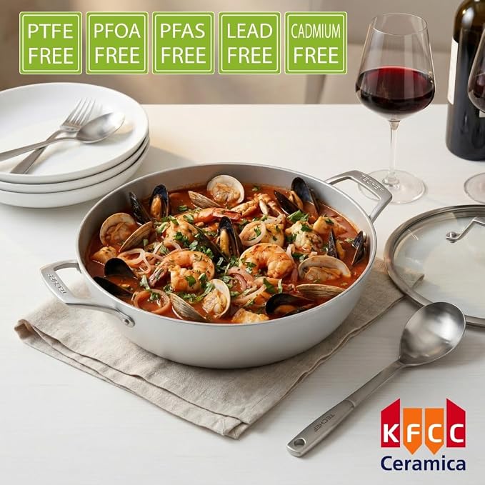 TECHEF - CeraTerra, 5 Qt / 12-in Ceramic Nonstick All Purpose Chef Pan with Cover, (PTFE and PFOA Free Ceramic Exterior & Interior), Oven & Dishwasher Safe, Made in Korea, Grey/Silver (5 Qt Chef Pan)