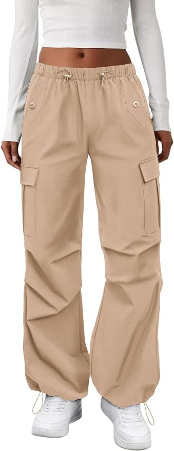 COPYLEAF Cargo Pants Women Elastic Waisted Parachute Hiking Pants with Pockets Water-Resistant Lightweight Baggy Pants
