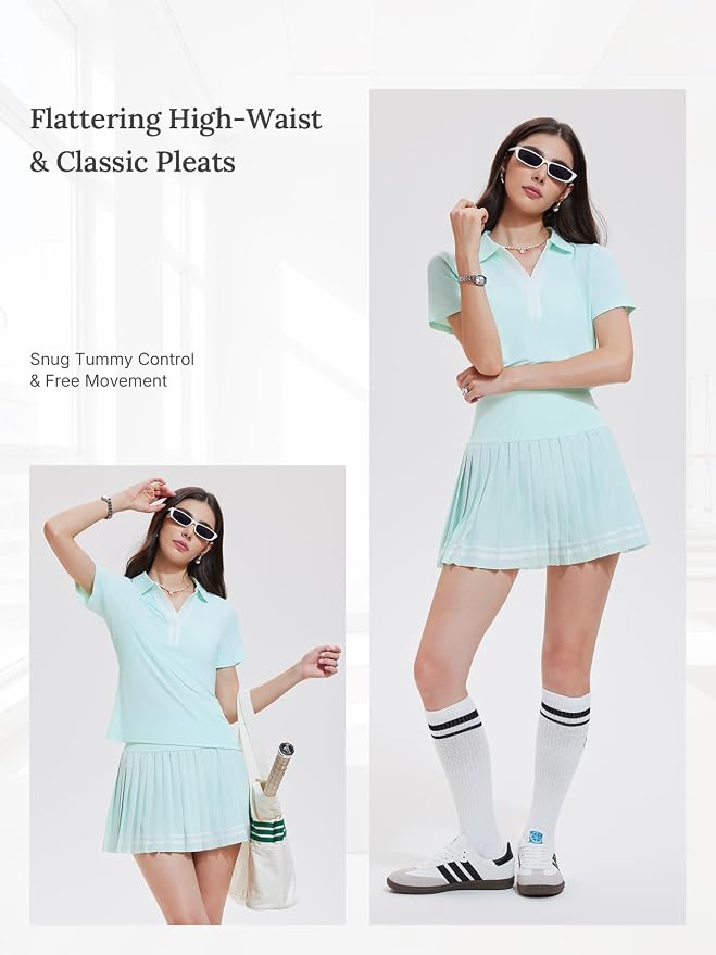 Women 2 Piece Tennis Skirt Set Pleated Golf Outfit, Polo V-Neck Athletic Dress Alternative Skort Set for Pickleball Pockets