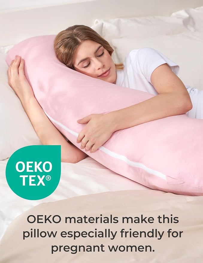 Momcozy Body Pillow for Pregnancy, J Shaped Pregnancy Pillows for Side Sleeping, Soft Maternity Pillow with Jersey Cotton Cover for Head Neck Belly Support, Pink