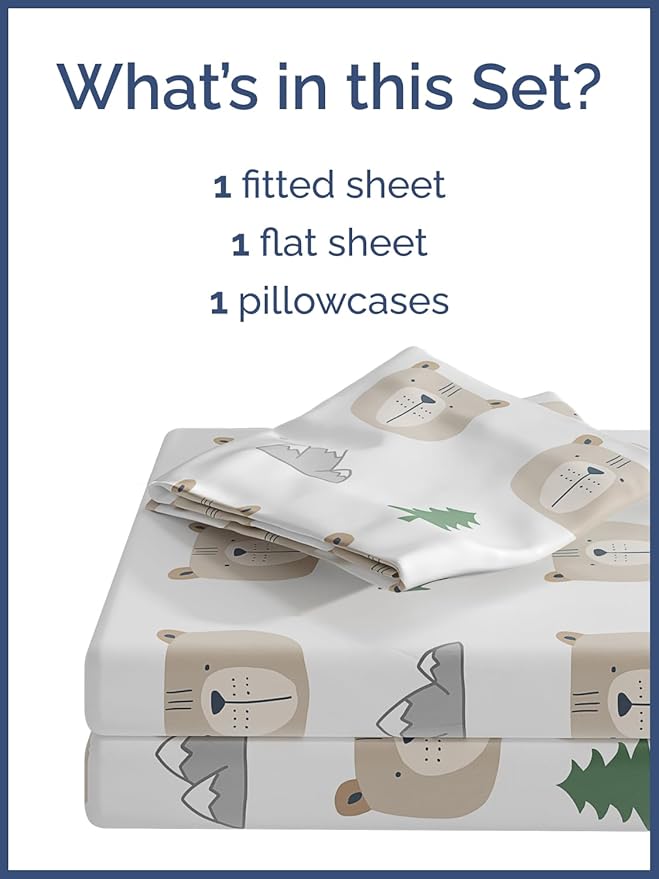 Kids Twin XL Size Bed Sheet Set - 3 Piece Kids Loft Bed Sheets - Bear Forest Nature Themed Bedding - Soft, Cute - Breathable & Machine Washable - Cute Animal Bed Set for Boys, Girls, Teens & Toddlers