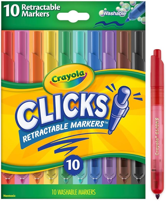 Crayola Clicks Retractable Tip Markers (10ct), Stocking Stuffers for Kids & Toddlers, Cone Tip Washable Art Marker Set, Coloring Book Supplies, No Dry, 3+ (Pack of 2)