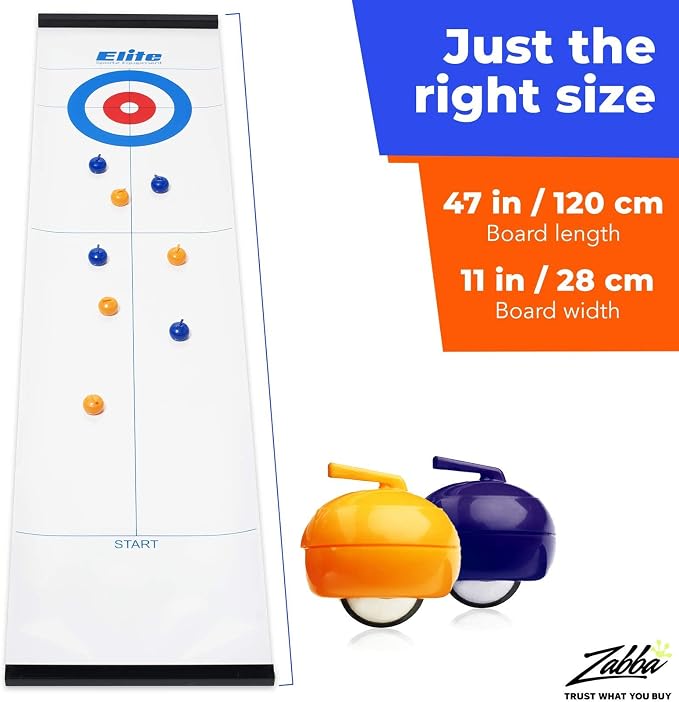 Elite Sportz Equipment Curling Game - Tabletop Games for Adults, Kids & Families - 4 Ft x 1 Ft Mat for Indoor Fun w/Bonus Travel Bag - Ages 6 & Up