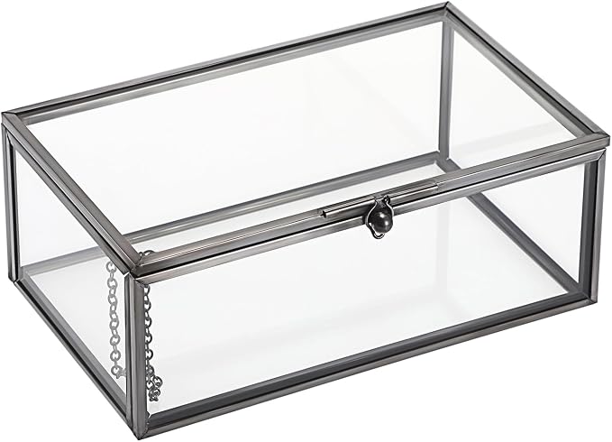 Hipiwe Vintage Glass Keepsake Box Clear Jewelry Display Lidded Box with Lid | Rectangle Glass Box Organizer for Home Decor and Storage of Trinket Rings Bracelet - Black, Small