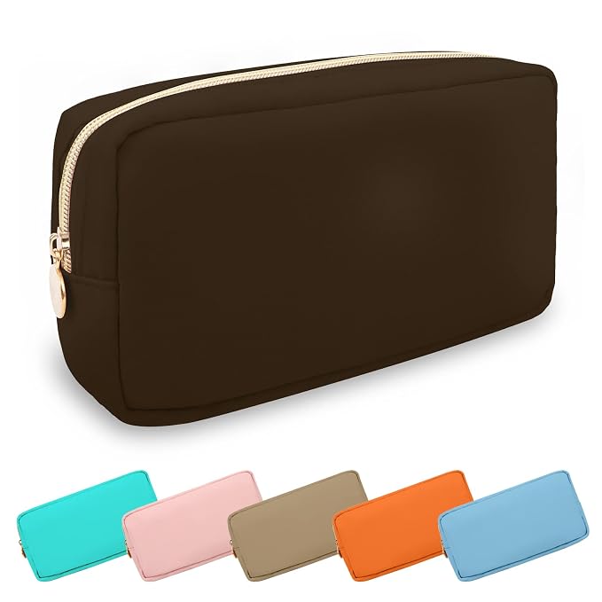 UIXIZQ Small Makeup Pouch for Purse, Nylon Travel Toiletry Storage Pouch Cute Preppy Cosmetic Bag for Women Girls, Waterproof Makeup Organizer Skincare Bag Purse with Zipper (Small-Chocolate)