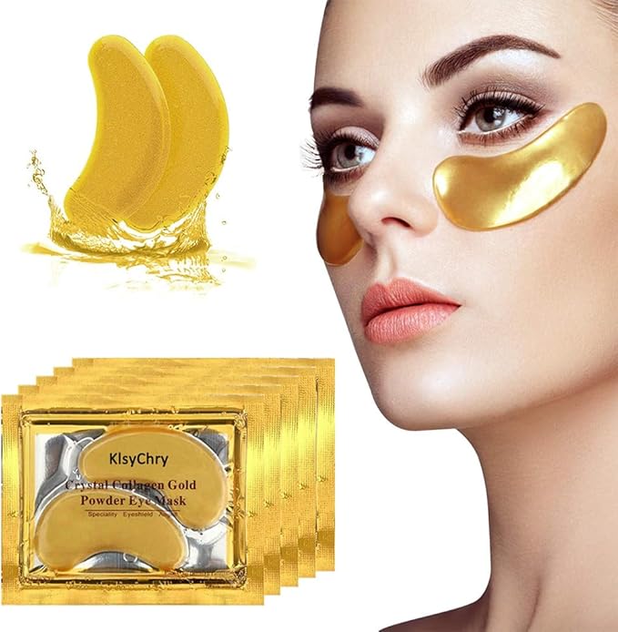 24K Gold Gel Crystal Collagen Lip and Eye Mask Set, 5 Pairs Gold Eye Mask Pads and 5 Pcs Gold Lip Patches for Moisturizing, Anti Wrinkle, Anti Aging, Hydrating Lips and Eyes