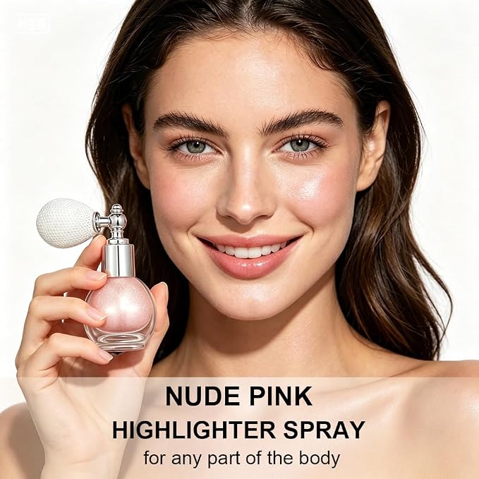 Nude Pink Face and Body Highlighter Spray for Natural Glow Makeup, 0.14oz | High Gloss Powder, Waterproof Shimmer Spray for Women Mardi Gras Singer Concert Music Rave Festival Outfits Accessories