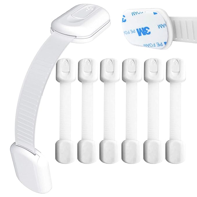 Baby Safety Locks | Child Proof Cabinets, Drawers, Appliances, Toilet Seat, Fridge & Oven | Tools Not Required | Uses 3M Adhesive with Adjustable Strap and Latch System (16-Pack, White)