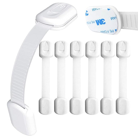 Baby Safety Locks | Child Proof Cabinets, Drawers, Appliances, Toilet Seat, Fridge & Oven | Tools Not Required | Uses 3M Adhesive with Adjustable Strap and Latch System (16-Pack, White)