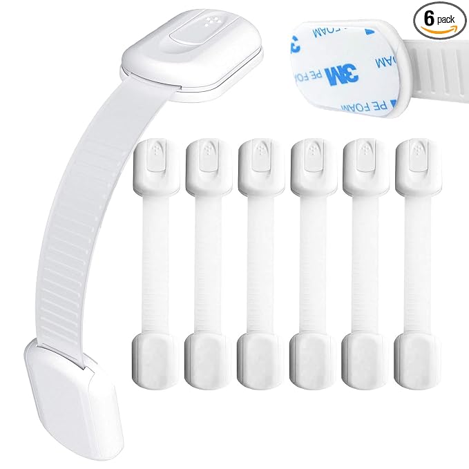 Baby Safety Locks | Child Proof Cabinets, Drawers, Appliances, Toilet Seat, Fridge and Oven | Tools Not Required | Uses 3M Adhesive with Adjustable Strap and Latch System (6-Pack, White)