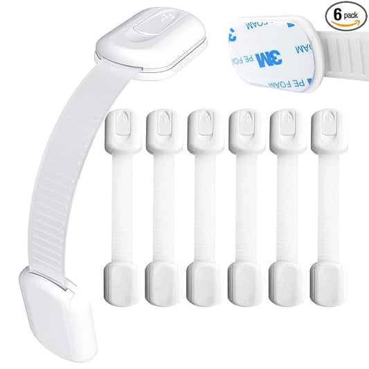 Baby Safety Locks | Child Proof Cabinets, Drawers, Appliances, Toilet Seat, Fridge and Oven | Tools Not Required | Uses 3M Adhesive with Adjustable Strap and Latch System (6-Pack, White)