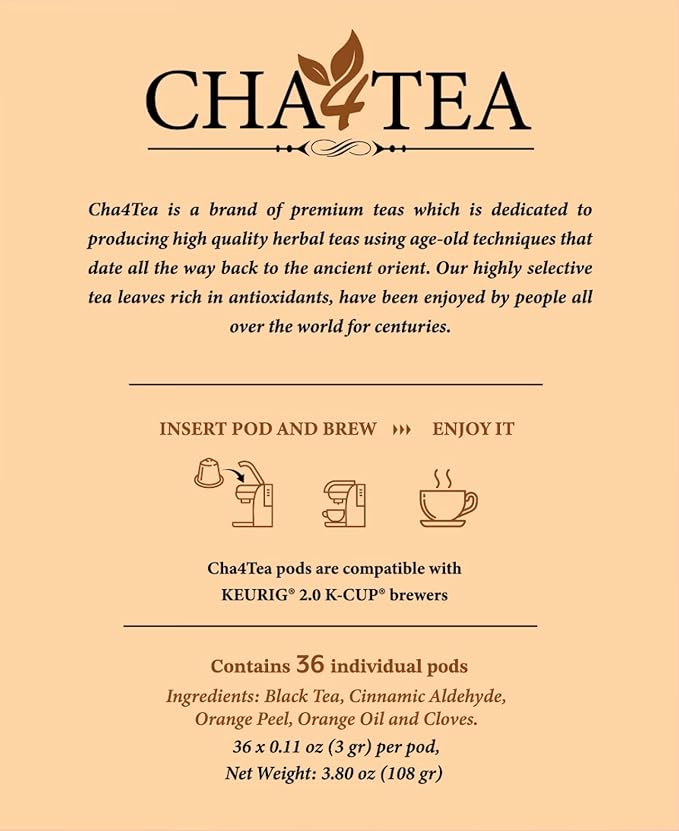 Cha4Tea 36-Count Cinnamon Orange Spice Herbal Black Tea Pods Compatible with Keurig K-Cup Brewers
