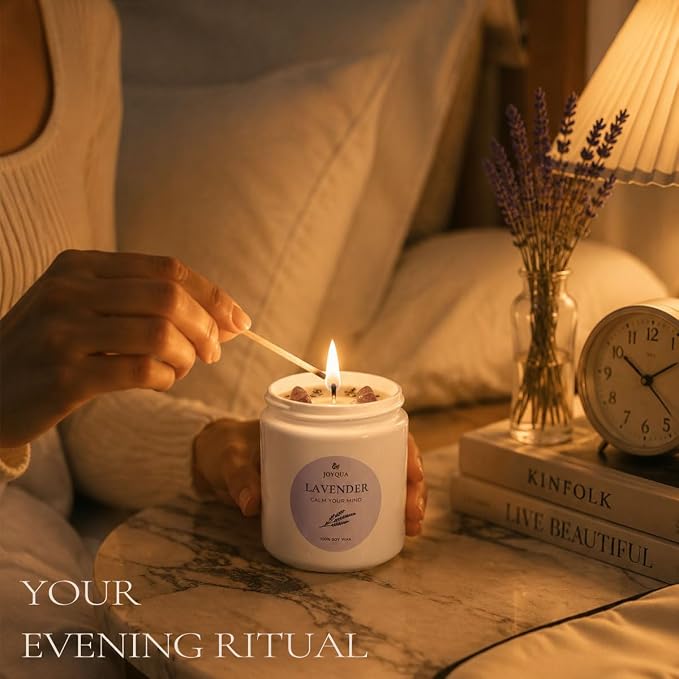 Meditation Candle Gift, 9 oz Lavender Crystal Candle, Gold Lid | White jar with gold lid, lavender soy candle, amethyst crystals, 9 oz, 40 hour burn, self care gift