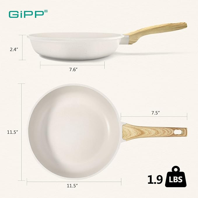GiPP Nonstick Frying Pan Skillet - 11" White Granite Non Stick Pans, Omelette Pan with Heat-Resistant Handle, Compatible with All Stovetops, PFOA Free