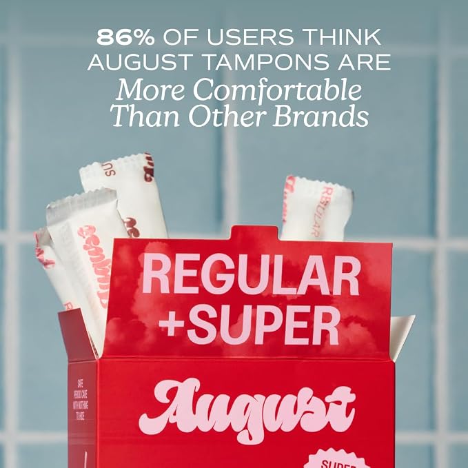 August Regular and Super Tampons - Easy-Glide Long Applicators - 72-Pack (36 + 36) 100% Organic Cotton Tampons for Women, Non-Toxic, Fragrance-Free, and Hypoallergenic