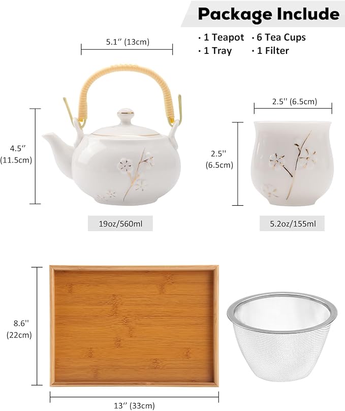 Dujust Japanese White Porcelain Tea Set - Teapot, 6 Tea Cups, Tray & Stainless Infuser - Plum in Golden