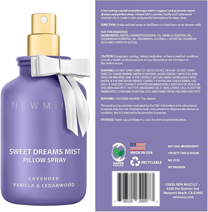 Sweet Dreams Sleep Pillow Spray Lavender Vanilla Cedarwood Essential Oil Aromatherapy Mist Calming Stress Relief Bedtime Shower Spray Self Care Gift