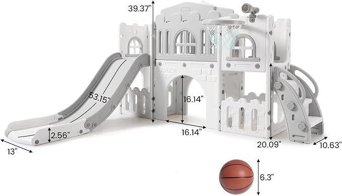 8 in 1 Toddler Slide Indoor Playground, Indoor Slide Toddler Playset for Toddlers 1-3, Kids Outdoor Playground with Basketball Hoop, Climber, Crawling Tunnel, Telescope, Toy Storage