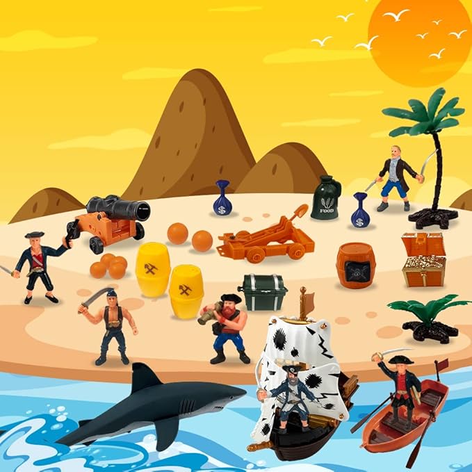 ArtCreativity Pirate Action Figure Playset, Pirate Play Set with Action Figurines, Storage Box, Pirate Ship Toy, Shark, Treasure Chests, & More, Pirate Party Decorations, Cake Toppers, & Gifts