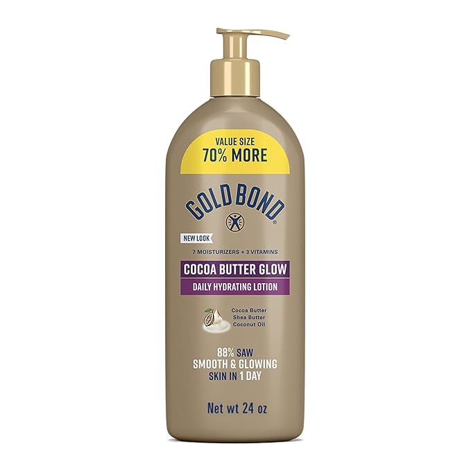 Gold Bond Cocoa Butter Glow Daily Hydrating Lotion with Cocoa Shea Butter & Coconut Oil, Exfoliating and Moisturizing Lotion for Dry Skin, 24 oz