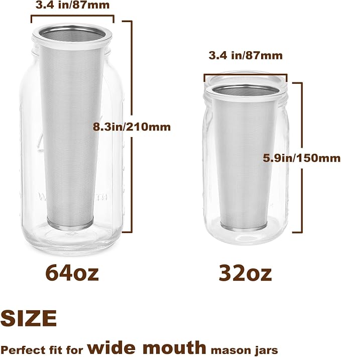Cold Brew Coffee Filter for 64 OZ Wide Mouth Mason Jar, 304 Stainless Steel Strainer with Seal Ring for Iced Drinks, Sun Tea Infuser and Cold Brew Coffee Maker