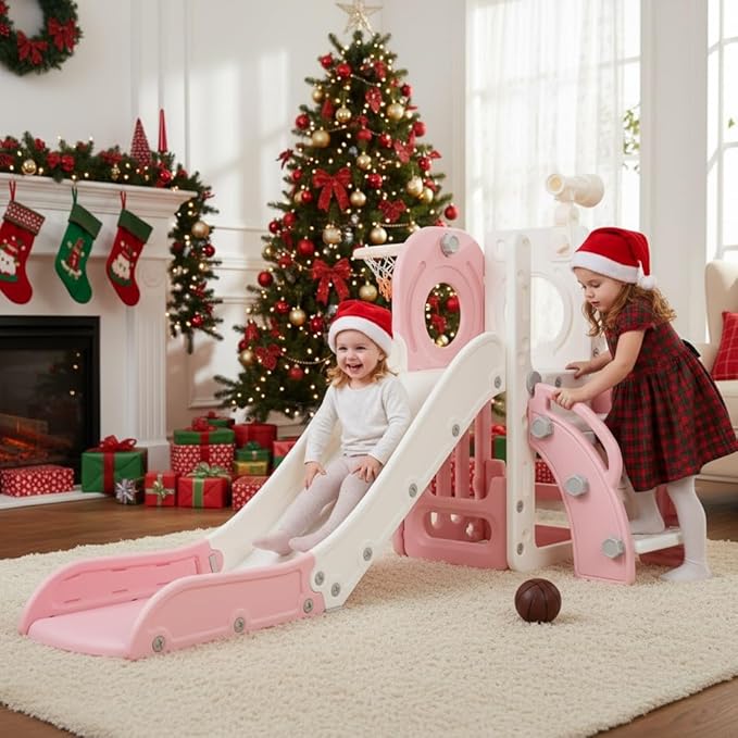 NYEEKOY Indoor Toddler Slide,6 in 1 Slides for Toddlers 1-3, Freestanding Kids Slide with Basketball Hoop, Telescope, Storage,Outdoor Playground for Backyards,Pink